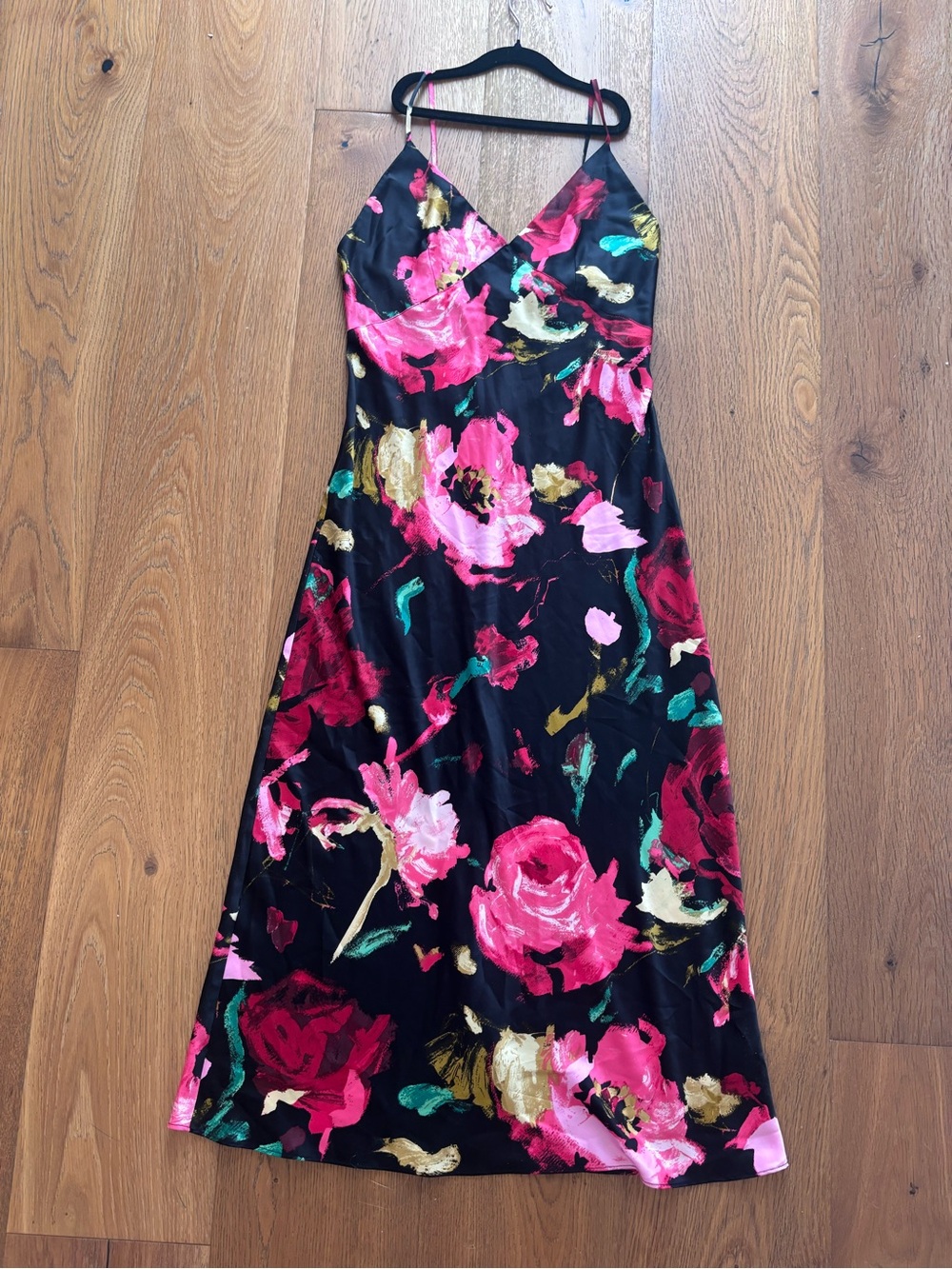 Natori Black Midi Slip Dress with Pink Floral Print and Gold Accents